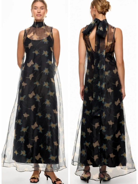 STAUD Dresses & Skirts - STAUD Albee Black Tulle Floral Maxi Dress Tie Back Botanical Shadows SZ S
